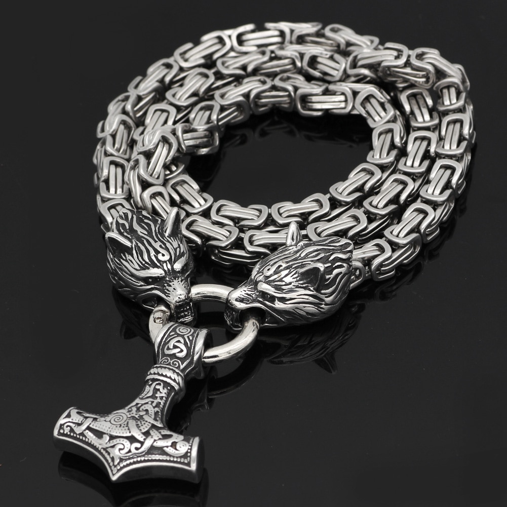 Thor's Hammer Mjolnir Pendant & Wolf's Head Chain