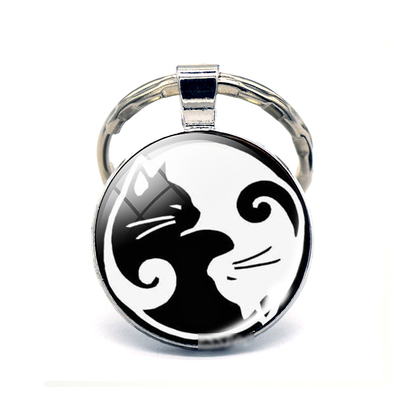 Yin Yang Taichi Symbols Key Chain Glass Cabochon Jewelry Yin Yang Life Tree Pendant Silver Keychain for Men Women Gifts