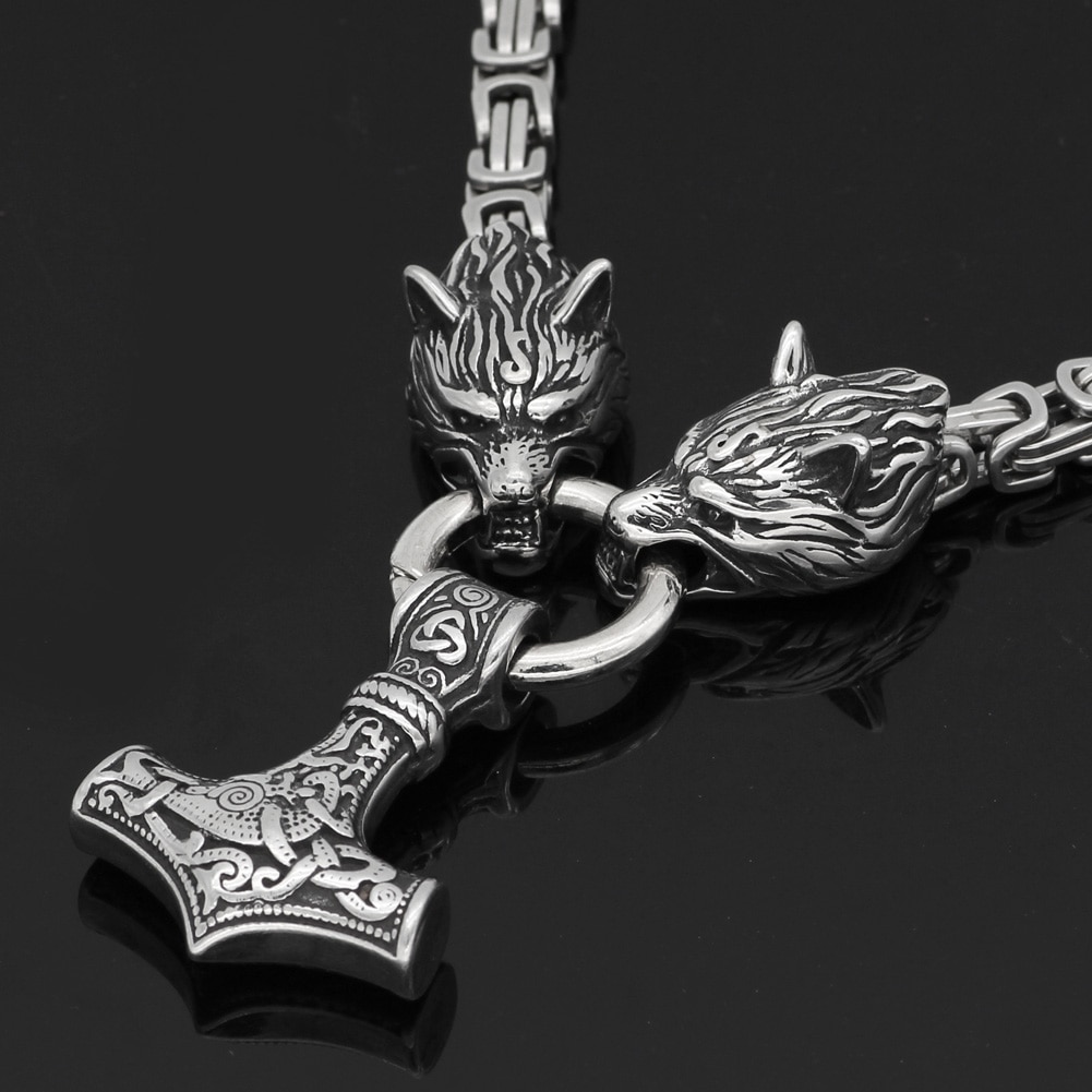Thor's Hammer Mjolnir Pendant & Wolf's Head Chain