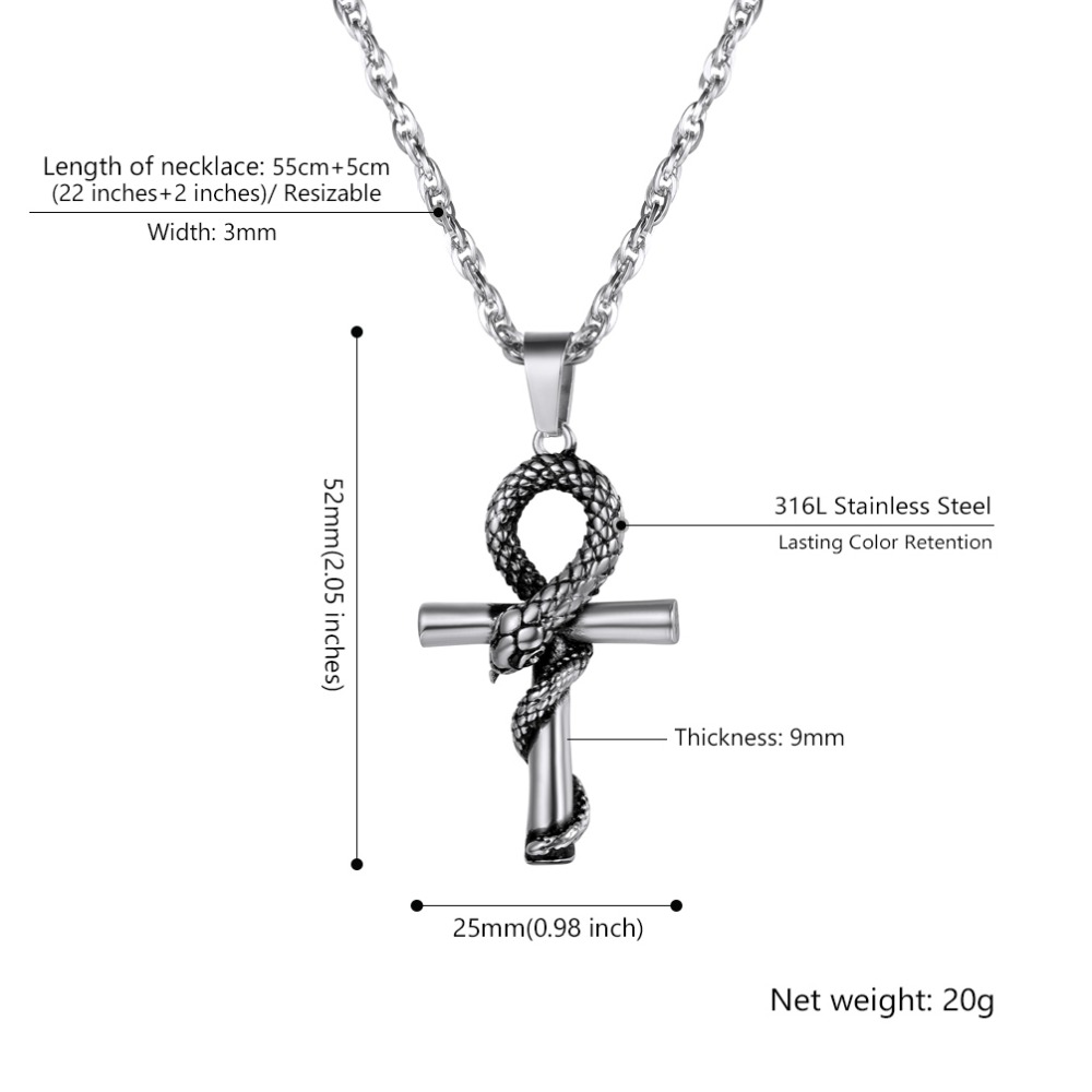 U7 Egyptian Ankh Cross Snake Pendant Necklace 316L Stainless Necklaces&Pendants Hiphop Long Chain for Men Jewelry 24inch P1232